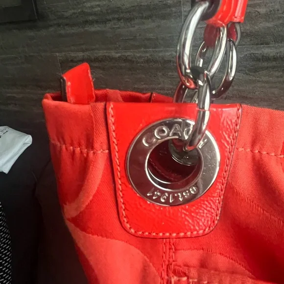Coach Crimson Orange Signature Nylon ToteBag Leather Trim/Hangtag + Dust Bag 12” - Picture 5 of 16